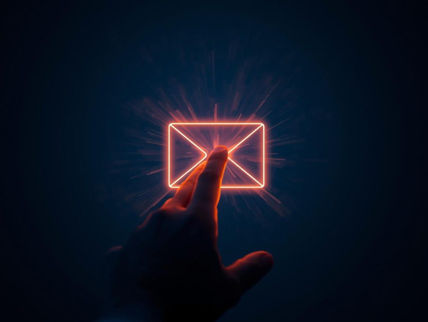 Marketer celebrating as email open rates and click-through rates rise on a glowing analytics dashboard.