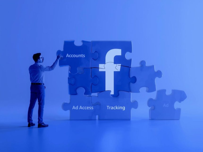 Marketer managing Facebook Business Manager dashboard with ads, pixels, and audience data, symbolizing setup and optimization for 2025.