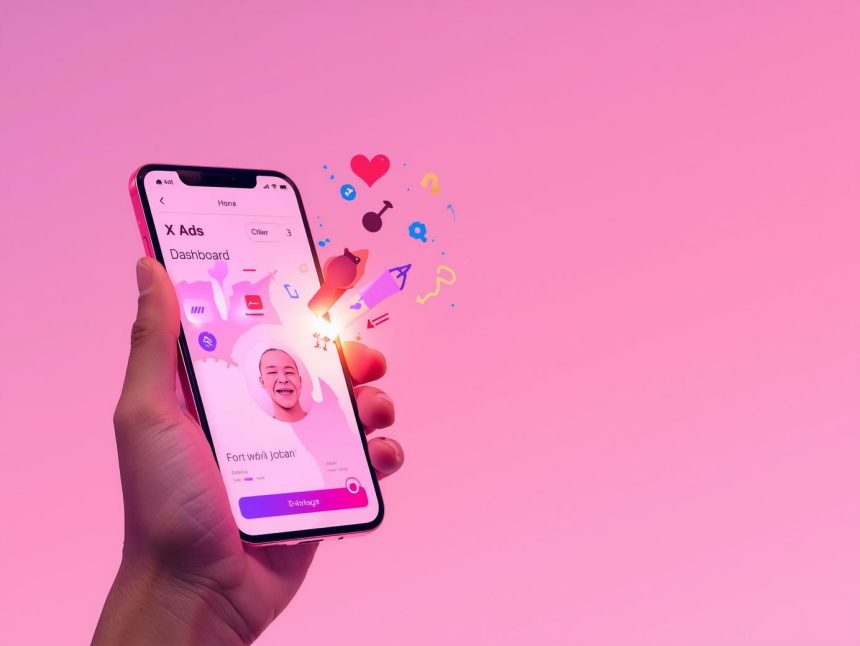 Marketer analyzing a futuristic X Ads dashboard with glowing performance metrics, representing effective ad strategies and campaigns on X (Twitter) in 2025.