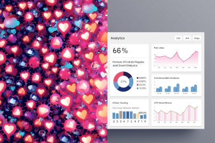 Social media dashboard displaying engagement metrics like CTR, shares, and comments, symbolizing data-driven growth in 2025.