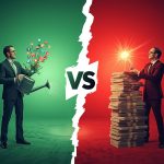Two marketers representing organic and paid social media strategies competing to achieve better ROI in 2025, with red and green contrasting visuals.