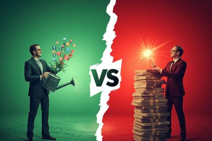 Two marketers representing organic and paid social media strategies competing to achieve better ROI in 2025, with red and green contrasting visuals.