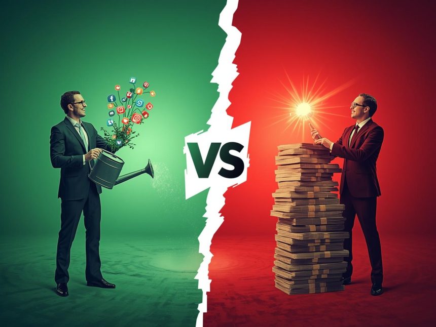 Two marketers representing organic and paid social media strategies competing to achieve better ROI in 2025, with red and green contrasting visuals.