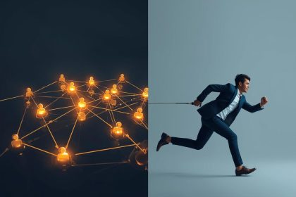 Split-screen comparing customer retention and acquisition strategies, symbolizing the 2025 debate on which drives greater business growth.