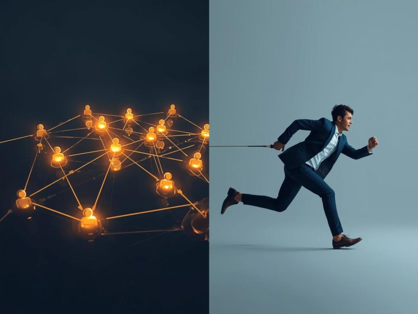 Split-screen comparing customer retention and acquisition strategies, symbolizing the 2025 debate on which drives greater business growth.