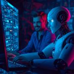 Marketer using AI-powered tools to manage social media analytics and engagement strategies for smarter marketing in 2025.