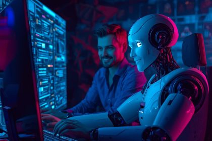 Marketer using AI-powered tools to manage social media analytics and engagement strategies for smarter marketing in 2025.