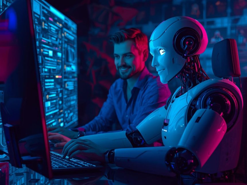 Marketer using AI-powered tools to manage social media analytics and engagement strategies for smarter marketing in 2025.