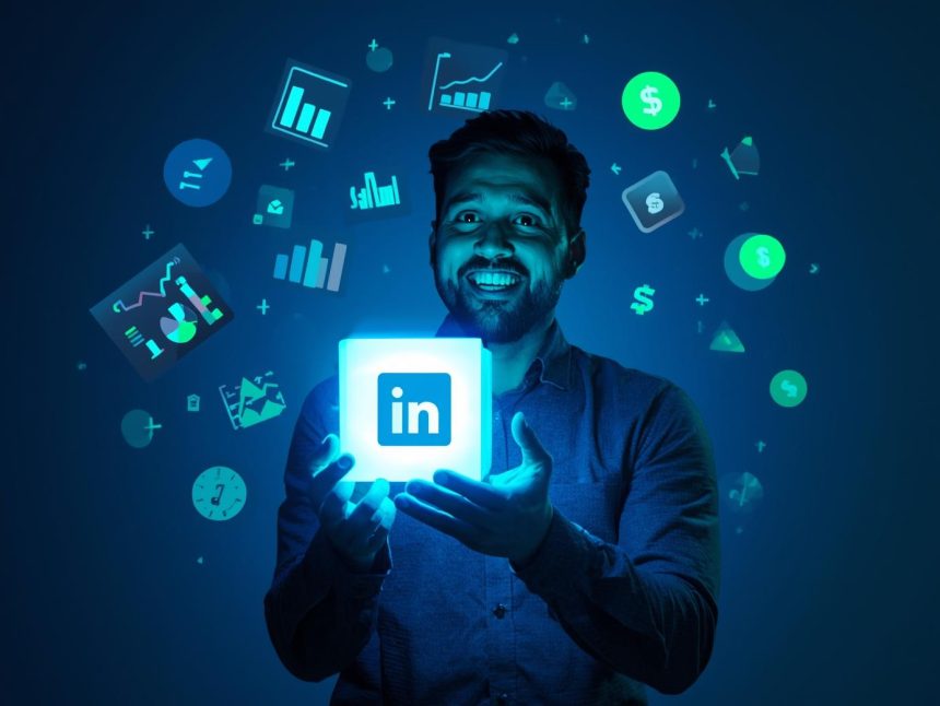 Digital dartboard showing LinkedIn Ads targeting and bidding strategies hitting ROI goals, representing effective LinkedIn advertising in 2025.