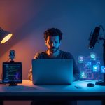 A glowing digital brain emitting narrative visuals, representing the evolution of digital storytelling tools and techniques for modern marketers.