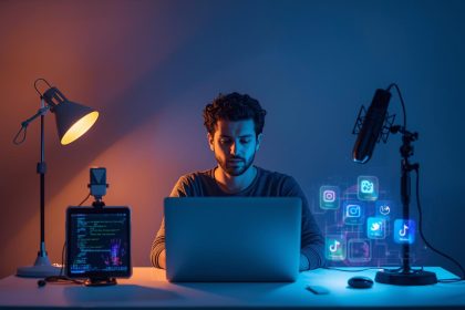 A glowing digital brain emitting narrative visuals, representing the evolution of digital storytelling tools and techniques for modern marketers.