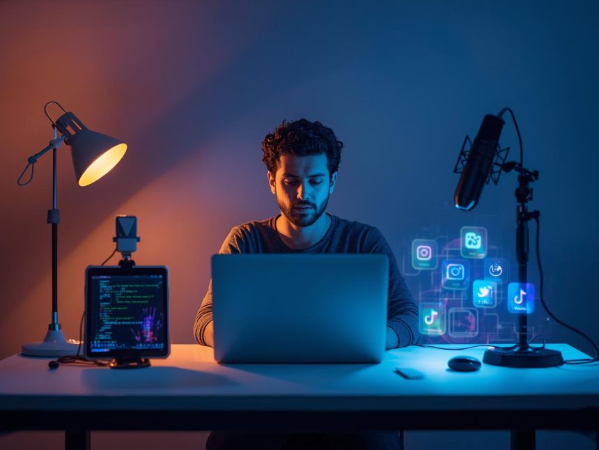 A glowing digital brain emitting narrative visuals, representing the evolution of digital storytelling tools and techniques for modern marketers.