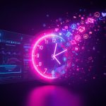 Digital clock merging with social media engagement icons, representing the best posting times for Facebook, Instagram, LinkedIn, TikTok, and X in 2025.