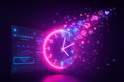 Digital clock merging with social media engagement icons, representing the best posting times for Facebook, Instagram, LinkedIn, TikTok, and X in 2025.