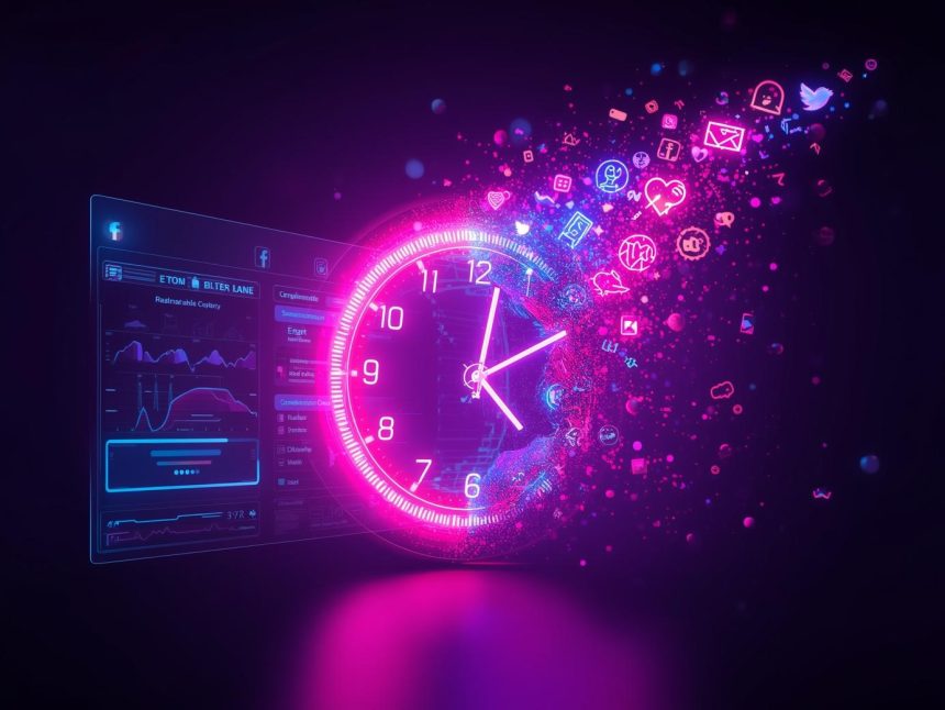 Digital clock merging with social media engagement icons, representing the best posting times for Facebook, Instagram, LinkedIn, TikTok, and X in 2025.