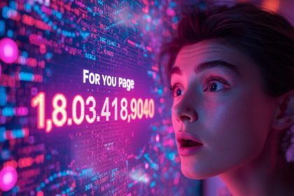 Creator amazed by a viral TikTok “For You Page” screen surrounded by engagement icons, symbolizing how to understand and master the TikTok algorithm in 2025.