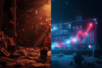 A glowing series of emails flowing through a digital funnel, representing successful drip campaigns for lead nurturing.