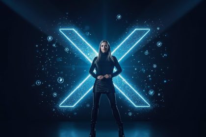 Content creator standing under glowing X logo with flying engagement icons, symbolizing influencer and creator marketing strategies on X in 2025.