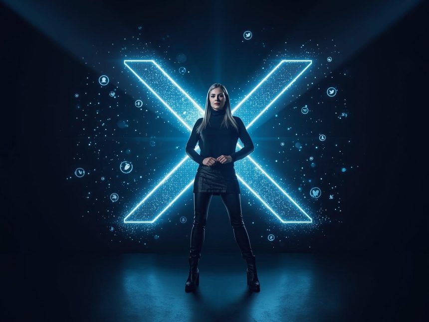 Content creator standing under glowing X logo with flying engagement icons, symbolizing influencer and creator marketing strategies on X in 2025.