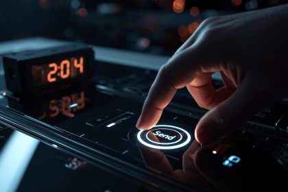 Marketer analyzing optimal send times on a digital dashboard surrounded by email and clock icons, symbolizing timing precision for higher open rates.