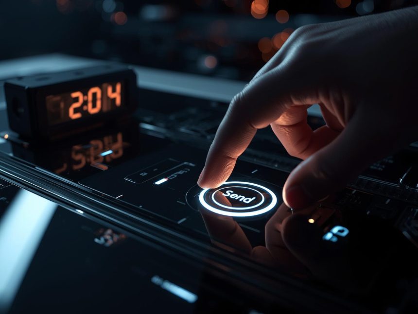 Marketer analyzing optimal send times on a digital dashboard surrounded by email and clock icons, symbolizing timing precision for higher open rates.