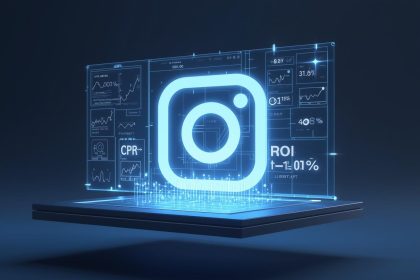 Marketer converting Instagram ad clicks into conversions using analytics dashboards, symbolizing setup-to-ROI success in 2025.