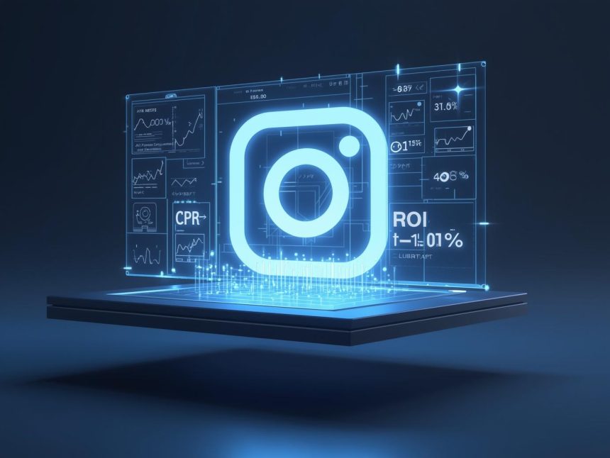 Marketer converting Instagram ad clicks into conversions using analytics dashboards, symbolizing setup-to-ROI success in 2025.