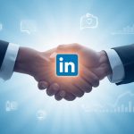 Two professionals shaking hands with a glowing LinkedIn logo, representing effective lead generation and conversion strategies in 2025.