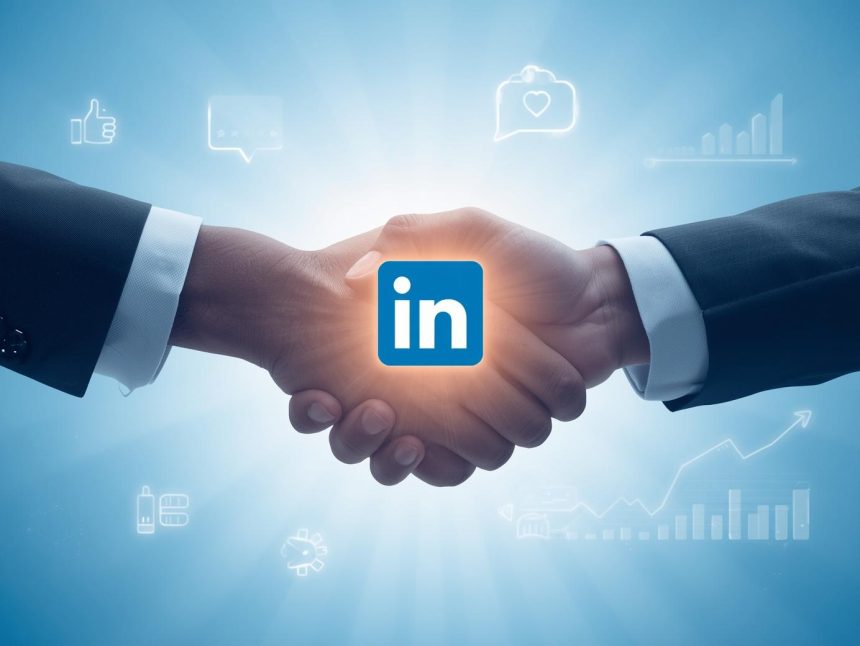 Two professionals shaking hands with a glowing LinkedIn logo, representing effective lead generation and conversion strategies in 2025.