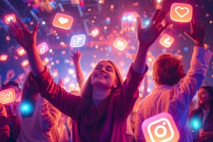 Influencers creating viral TikTok and Instagram content surrounded by glowing likes, shares, and trending icons, symbolizing top social trends of 2025.