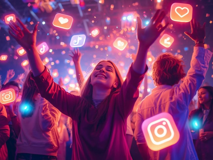Influencers creating viral TikTok and Instagram content surrounded by glowing likes, shares, and trending icons, symbolizing top social trends of 2025.
