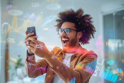 Marketer analyzing TikTok paid ad performance with glowing dashboard showing engagement, ROI, and trending ad formats in 2025.