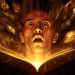 High-contrast image of a glowing brain made of story symbols and neural light patterns, illustrating how storytelling activates human emotions and memory.