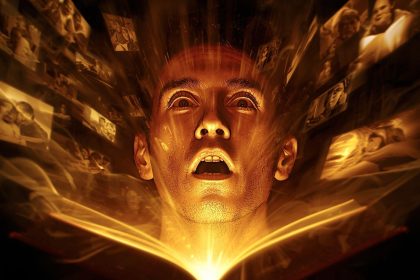 High-contrast image of a glowing brain made of story symbols and neural light patterns, illustrating how storytelling activates human emotions and memory.