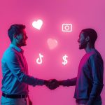 Brand marketer shaking hands with a TikTok influencer surrounded by engagement icons, symbolizing collaboration and influencer marketing strategies in 2025.