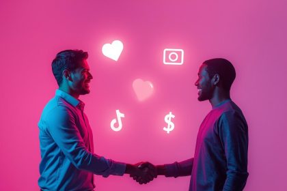Brand marketer shaking hands with a TikTok influencer surrounded by engagement icons, symbolizing collaboration and influencer marketing strategies in 2025.