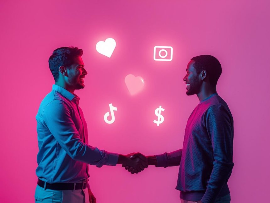 Brand marketer shaking hands with a TikTok influencer surrounded by engagement icons, symbolizing collaboration and influencer marketing strategies in 2025.