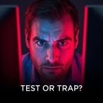 Marketer confused between two A/B test results on screens, symbolizing testing accuracy challenges.