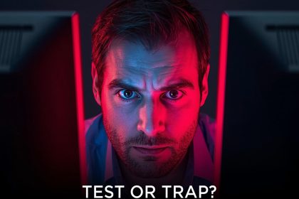 Marketer confused between two A/B test results on screens, symbolizing testing accuracy challenges.