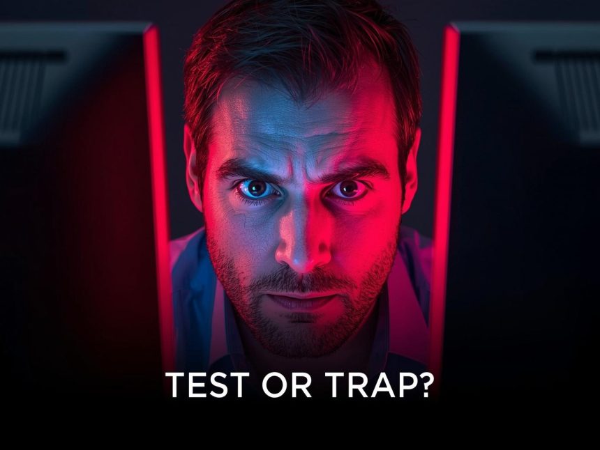 Marketer confused between two A/B test results on screens, symbolizing testing accuracy challenges.