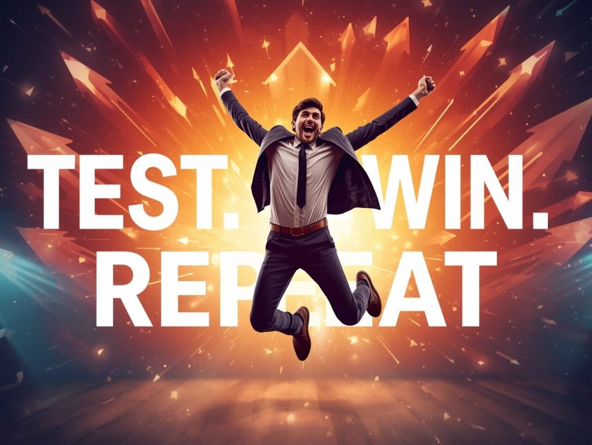 A digital marketer comparing A/B test results on split-screen dashboards, highlighting data-driven optimization for campaign performance in 2025.