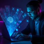 A marketer analyzing glowing predictive analytics from an AI dashboard, symbolizing how personalization and data-driven insights are transforming e-commerce marketing in 2025.