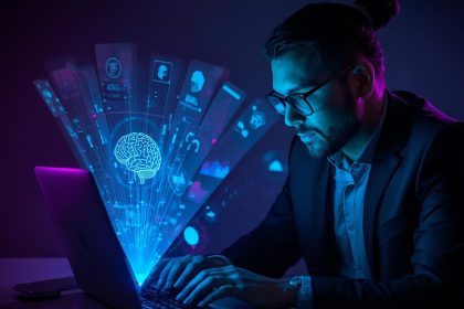 A marketer analyzing glowing predictive analytics from an AI dashboard, symbolizing how personalization and data-driven insights are transforming e-commerce marketing in 2025.