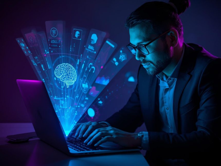 A marketer analyzing glowing predictive analytics from an AI dashboard, symbolizing how personalization and data-driven insights are transforming e-commerce marketing in 2025.