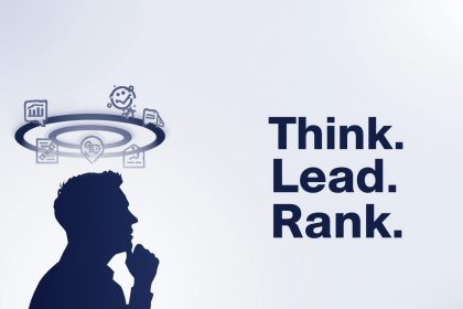 Thought leader standing before digital SEO data and search results, symbolizing long-term authority and visibility through thought leadership marketing.