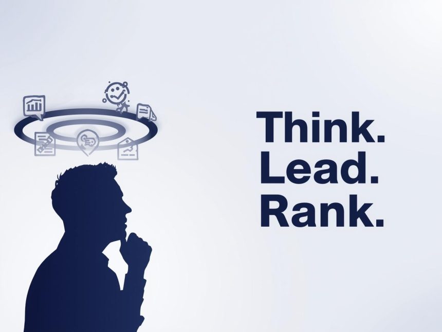 Thought leader standing before digital SEO data and search results, symbolizing long-term authority and visibility through thought leadership marketing.