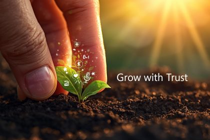 Digital marketer standing on a glowing pyramid of content icons symbolizing trust, growth, and the evolution of content marketing in 2025.