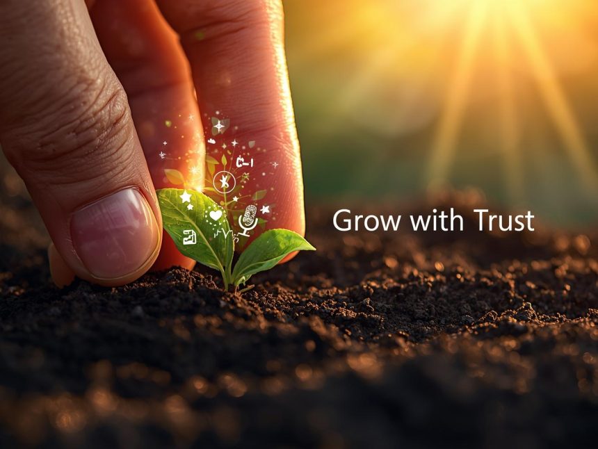 Digital marketer standing on a glowing pyramid of content icons symbolizing trust, growth, and the evolution of content marketing in 2025.