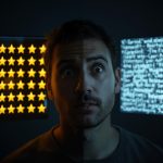 A skeptical consumer’s face reflecting star ratings and review icons, symbolizing digital trust challenges and review authenticity in 2025.