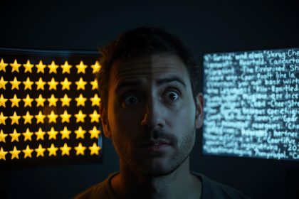 A skeptical consumer’s face reflecting star ratings and review icons, symbolizing digital trust challenges and review authenticity in 2025.
